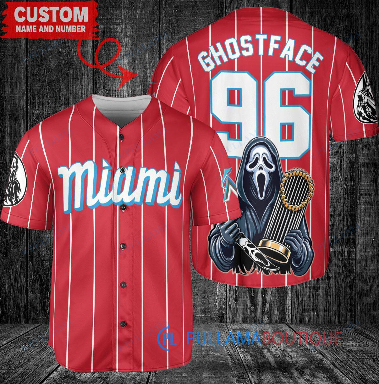 Miami Marlins x Ghostface Scream Halloween Halloween with World Series Trophy Custom Baseball Jersey Red