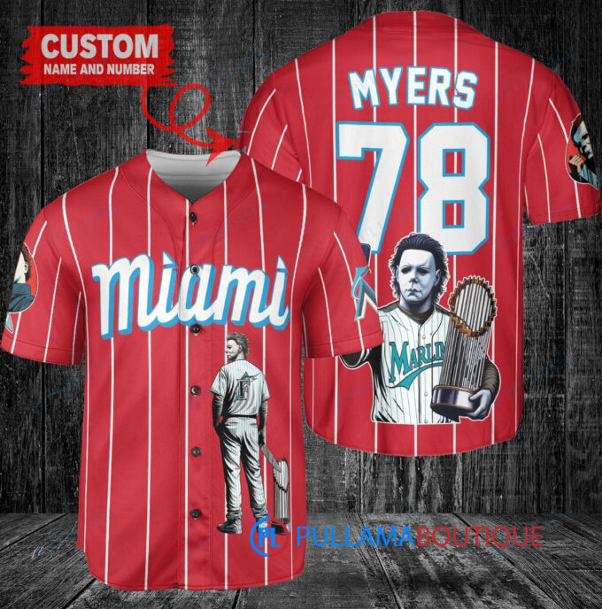 Miami Marlins x Halloween Michael Myers with Trophy Custom Baseball Jersey Red