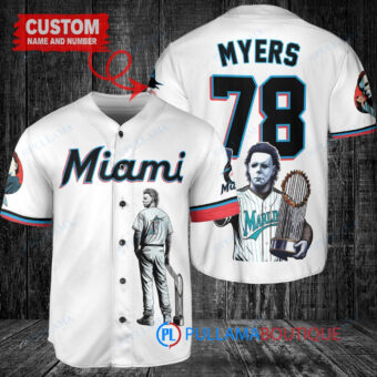 Miami Marlins x Halloween Michael Myers with Trophy Custom Baseball Jersey White