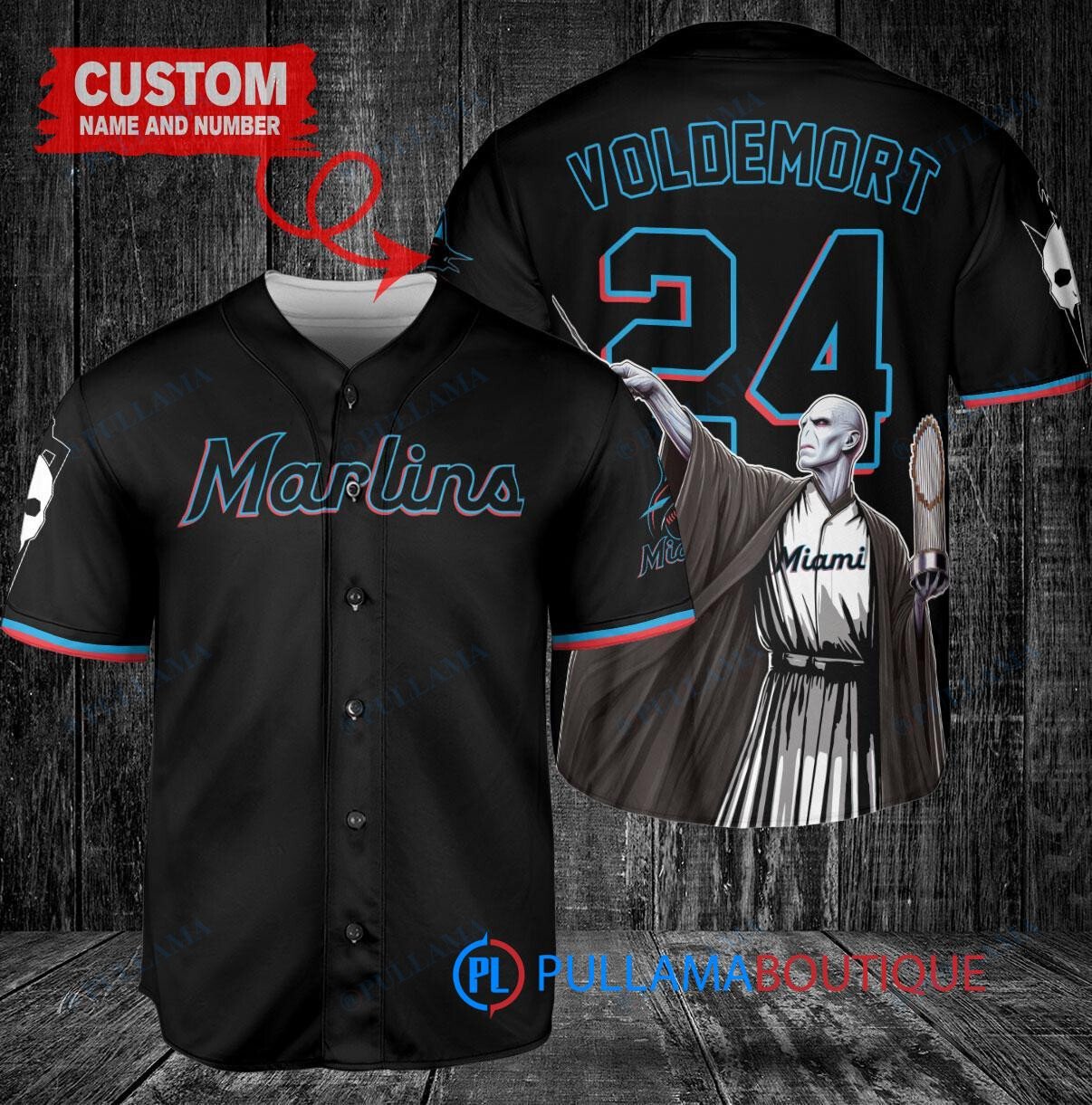 Miami Marlins x Lord Voldemort Harry Potter with Trophy Custom Baseball Jersey Black