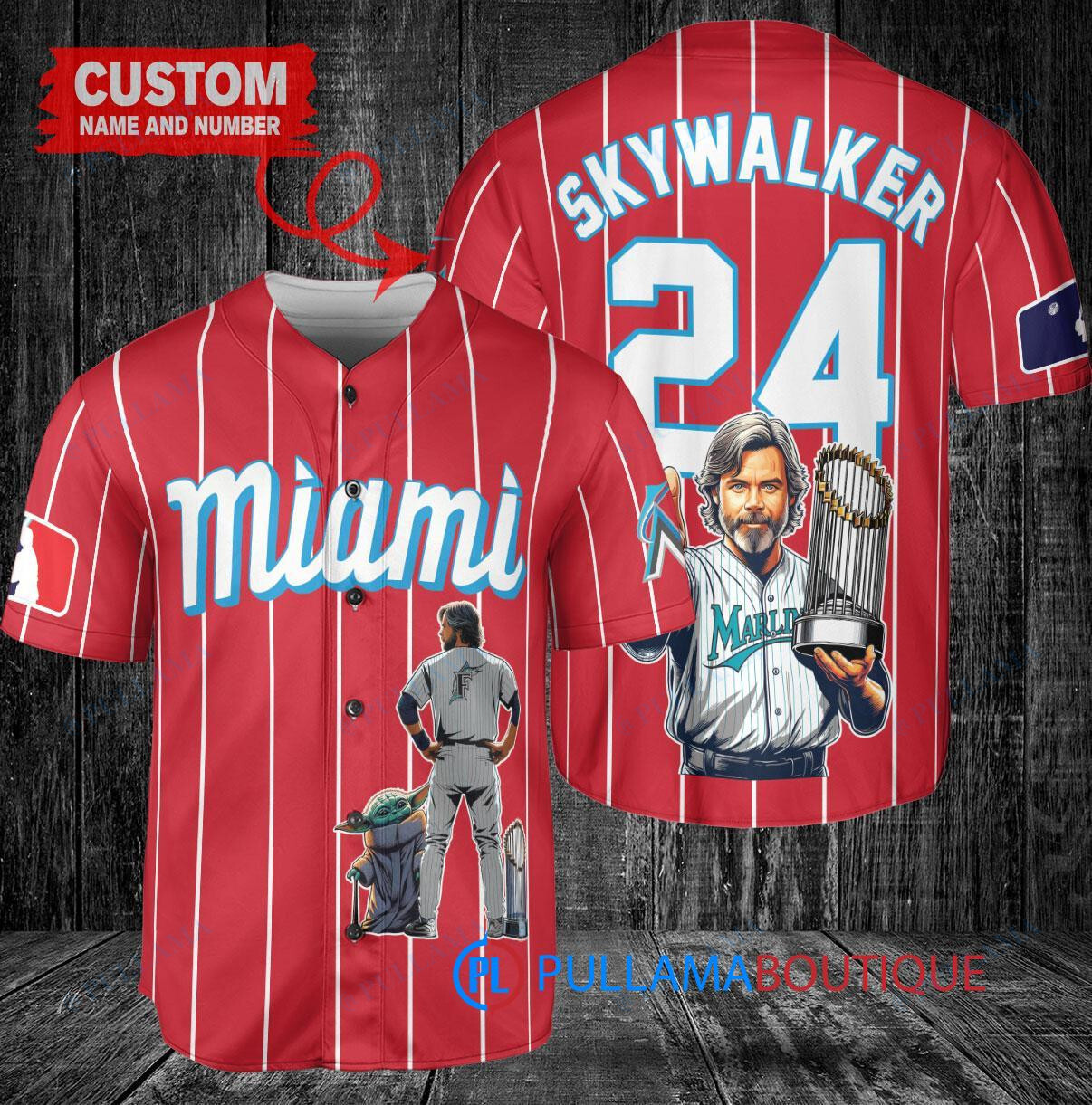 Miami Marlins x Luke Skywalker Star Wars with Trophy Custom Baseball Jersey Red