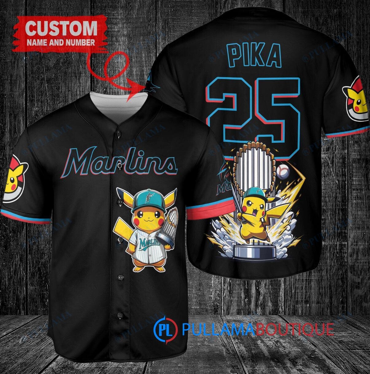 Miami Marlins x Pikachu Pokemon with Trophy Custom Baseball Jersey Black