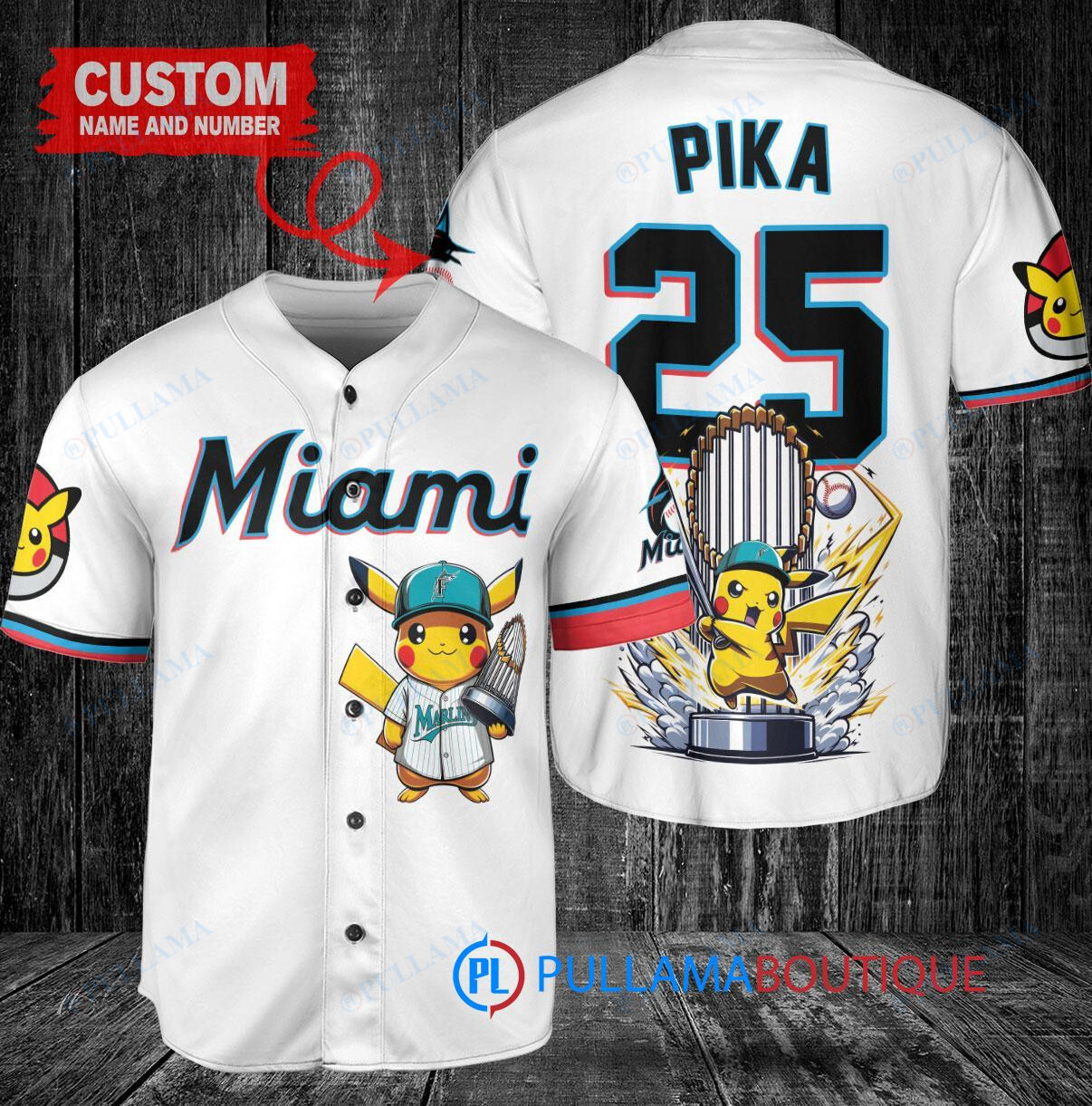 Miami Marlins x Pikachu Pokemon with Trophy Custom Baseball Jersey White