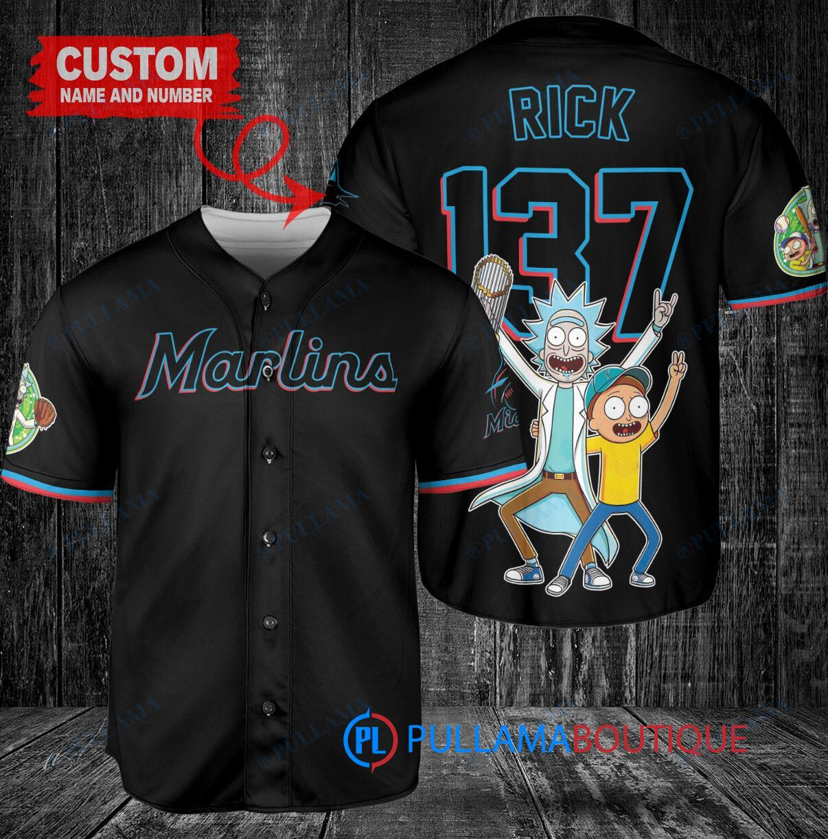 Miami Marlins x Rick and Morty with Trophy Custom Baseball Jersey Black