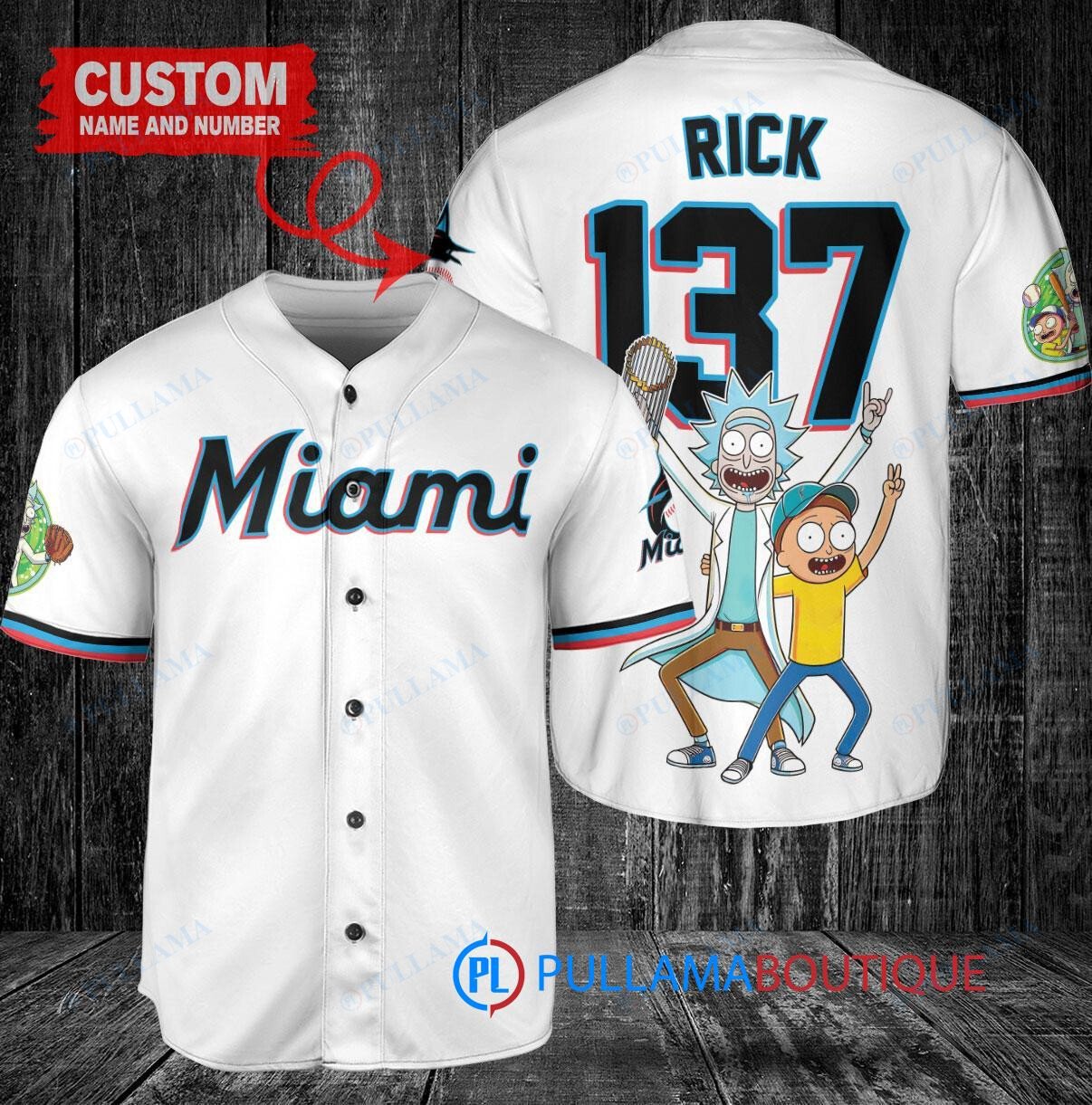 Miami Marlins x Rick and Morty with Trophy Custom Baseball Jersey White