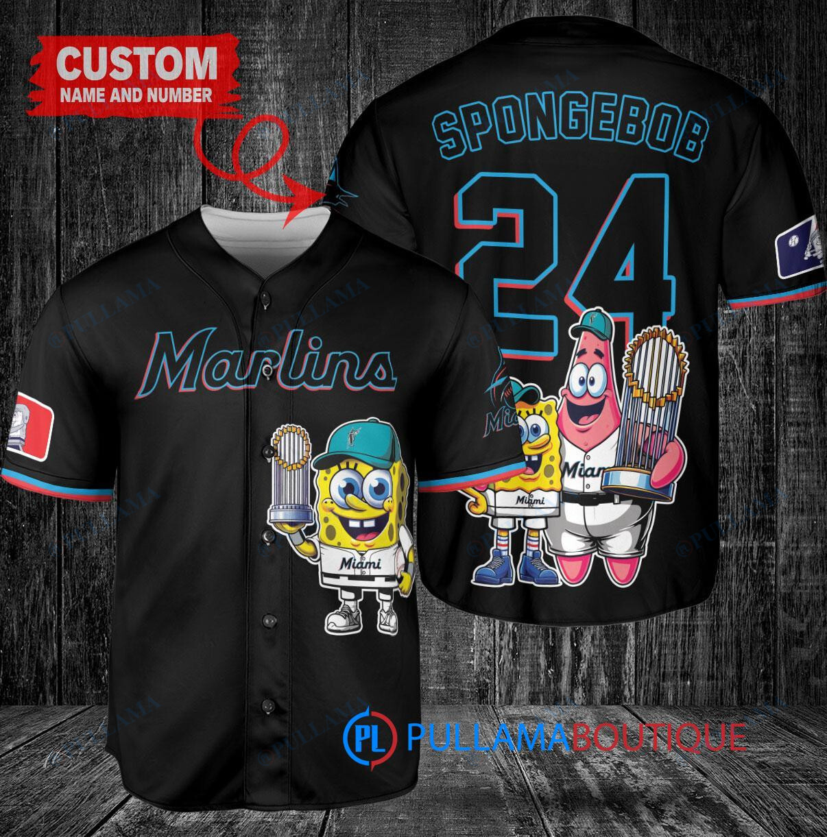 Miami Marlins x SpongeBob SquarePants with Trophy Custom Baseball Jersey Black