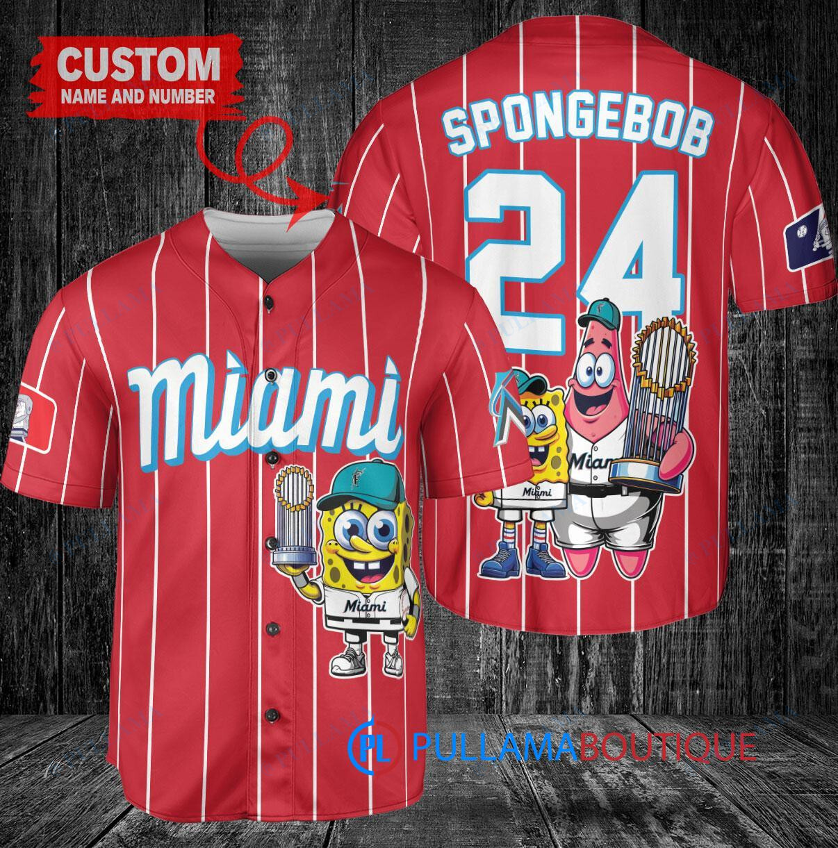 Miami Marlins x SpongeBob SquarePants with Trophy Custom Baseball Jersey Red