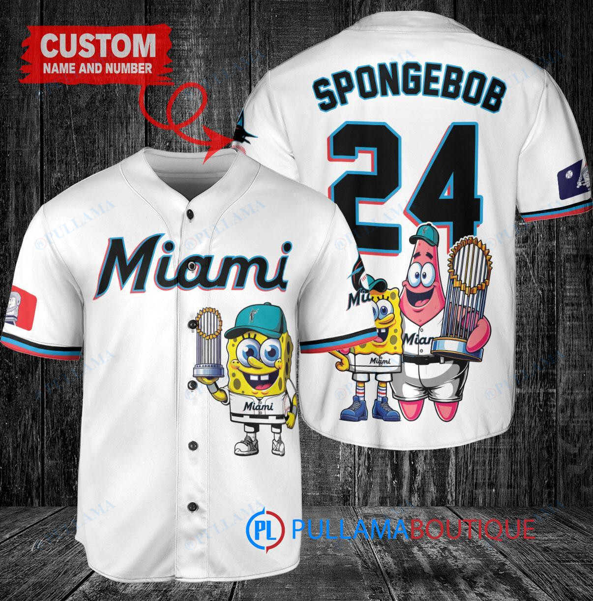 Miami Marlins x SpongeBob SquarePants with Trophy Custom Baseball Jersey White