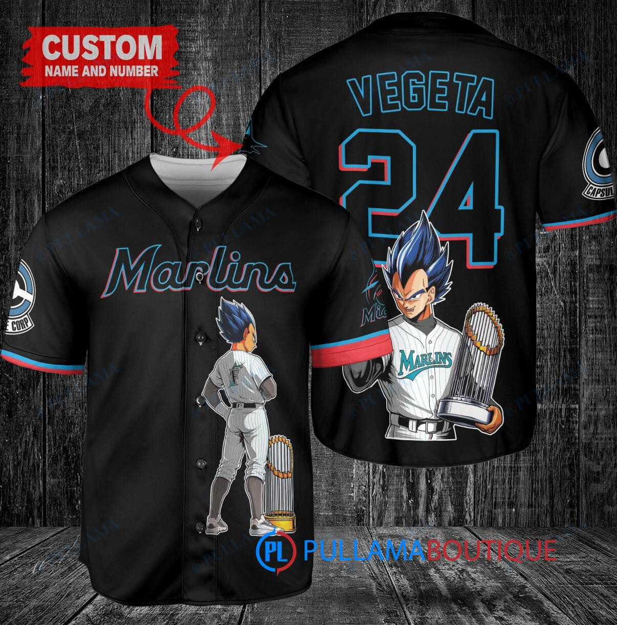 Miami Marlins x Vegeta Super Saiyan Dragon Ball Z with Trophy Custom Baseball Jersey Black