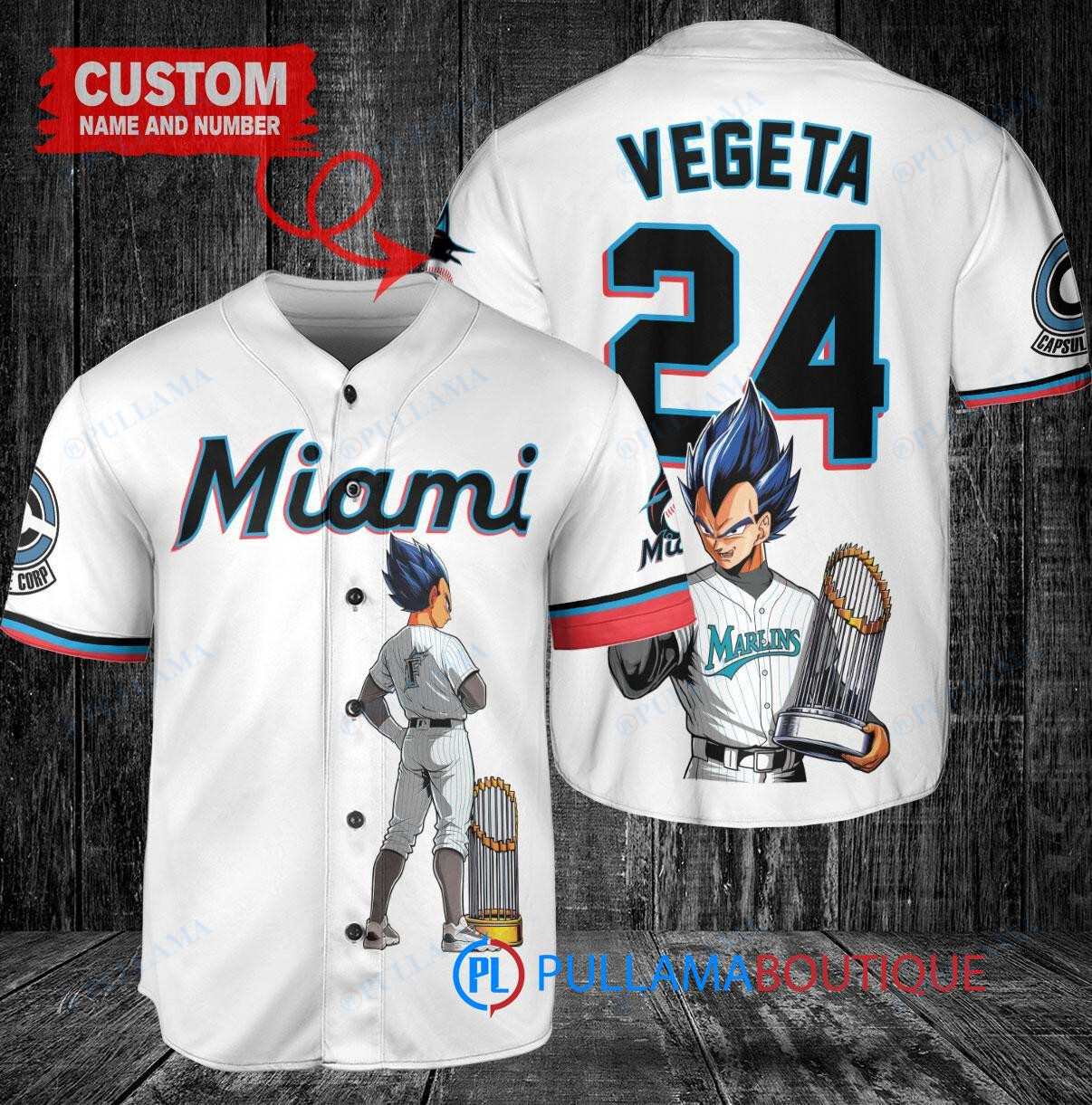Miami Marlins x Vegeta Super Saiyan Dragon Ball Z with Trophy Custom Baseball Jersey White