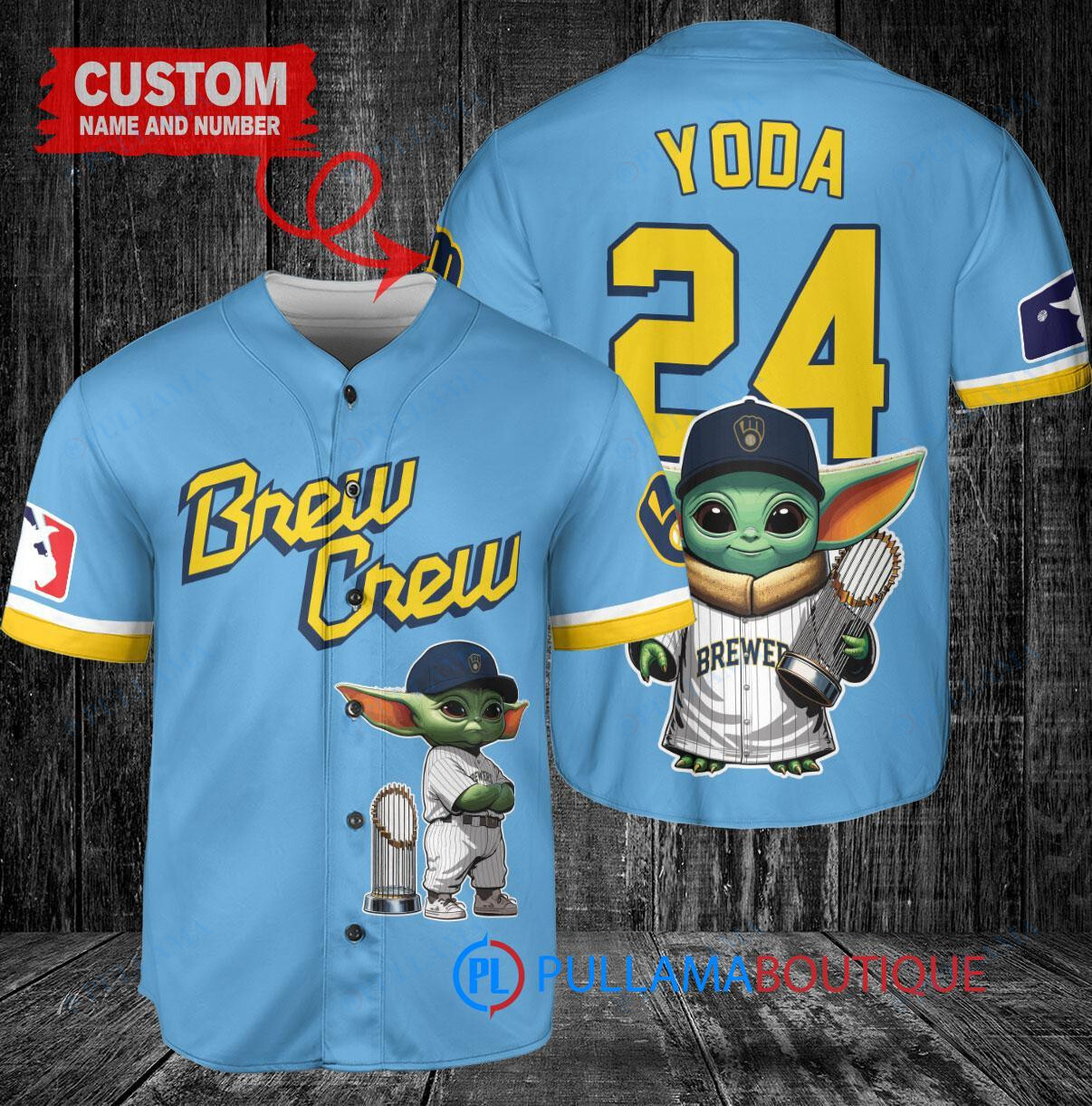 Milwaukee Brewers Baby Yoda Star Wars Mandalorian Trophy Baseball Jersey Blue