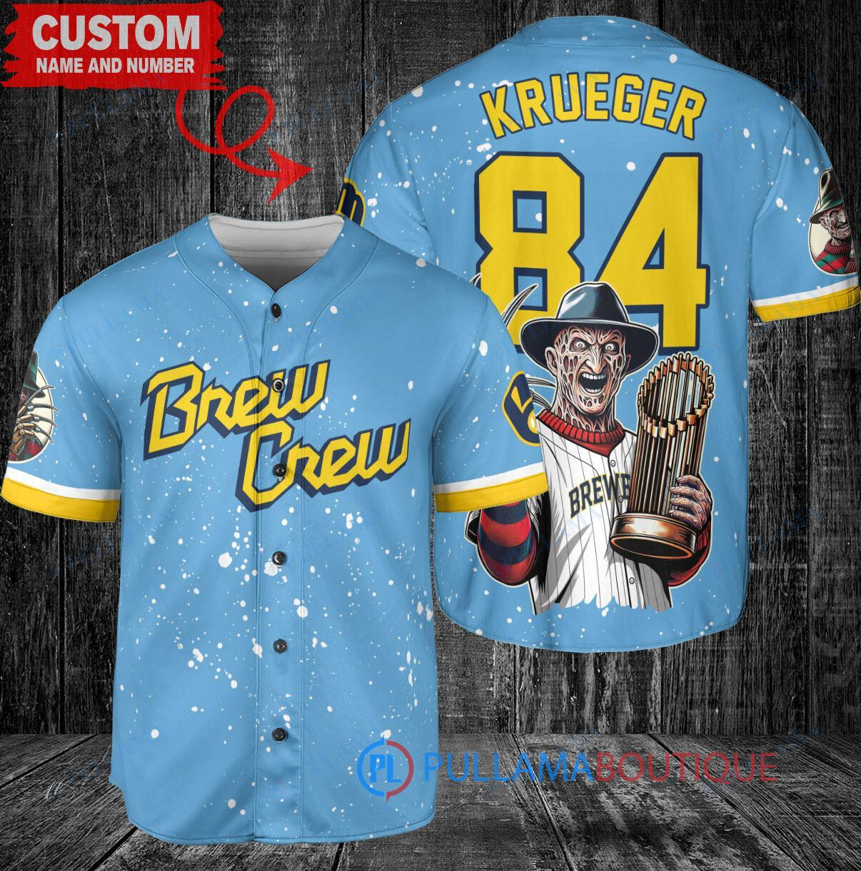 Milwaukee Brewers Freddy Krueger Halloween World Series Trophy Baseball Jersey Blue