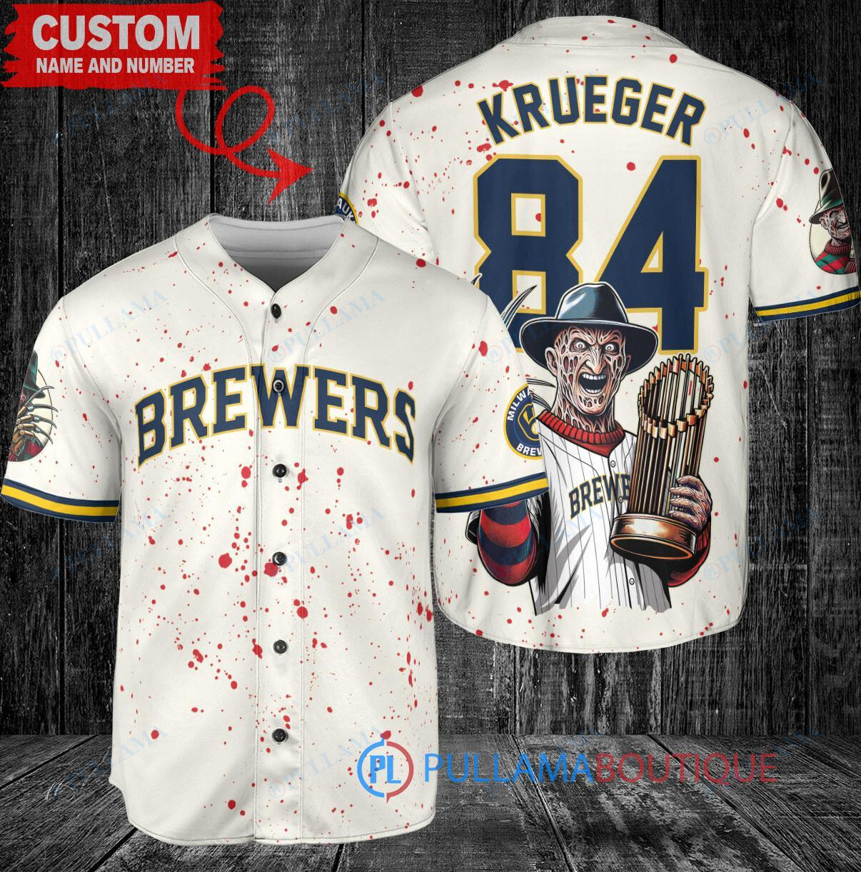 Milwaukee Brewers Freddy Krueger Halloween World Series Trophy Baseball Jersey Cream