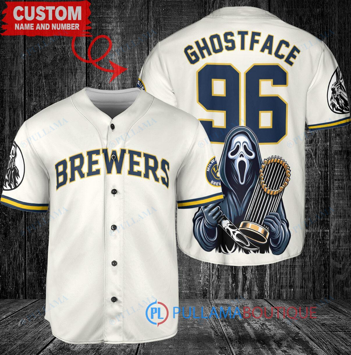 Milwaukee Brewers Ghostface Scream Halloween World Series Trophy Baseball Jersey Cream