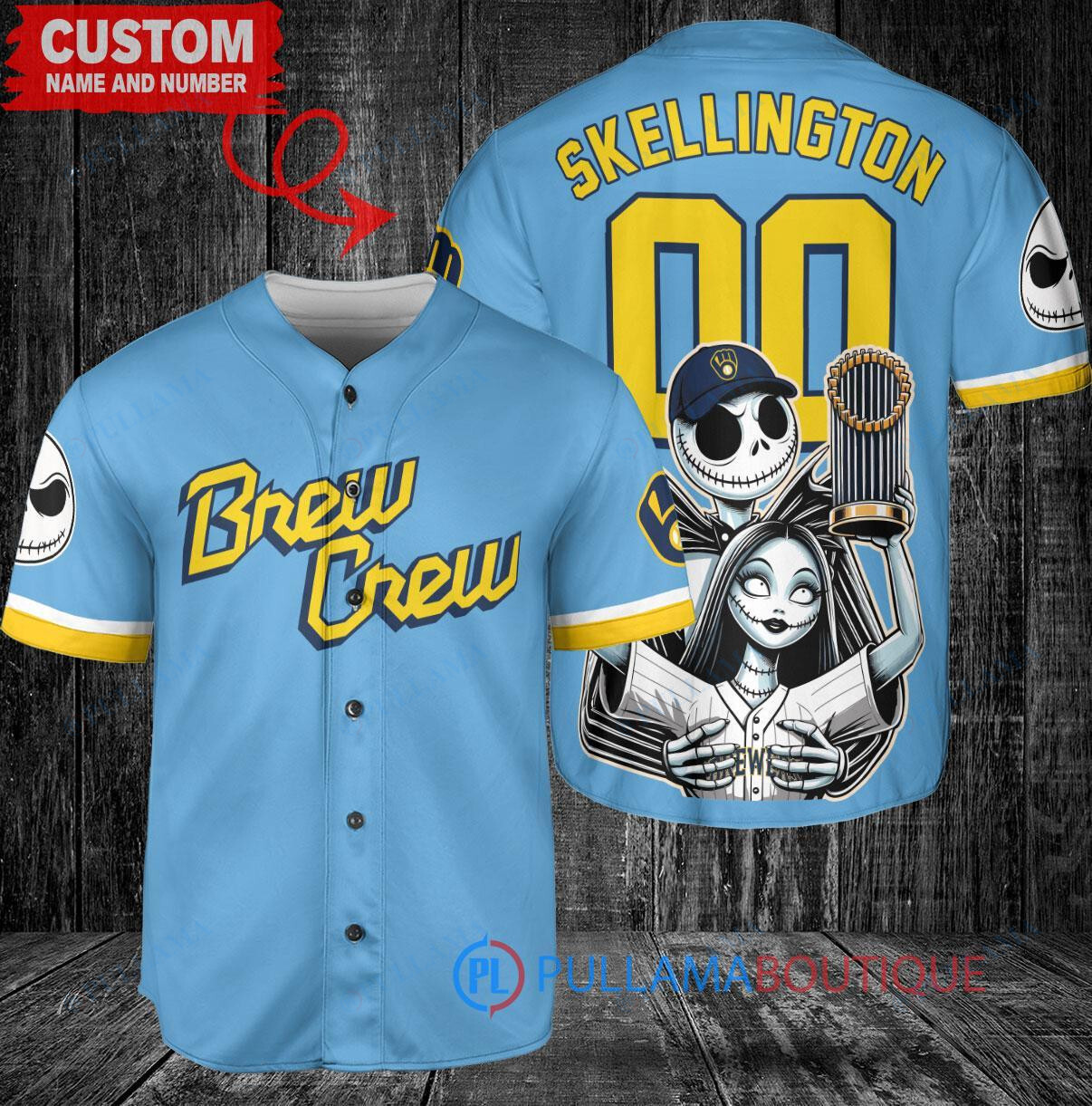 Milwaukee Brewers Jack Skellington Sally World Series Trophy Baseball Jersey Blue