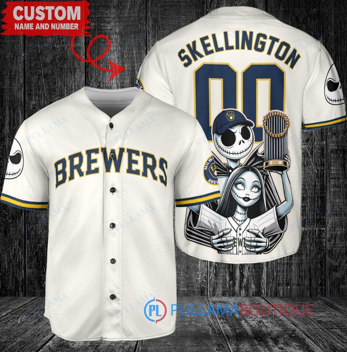 Milwaukee Brewers Jack Skellington Sally World Series Trophy Baseball Jersey Cream