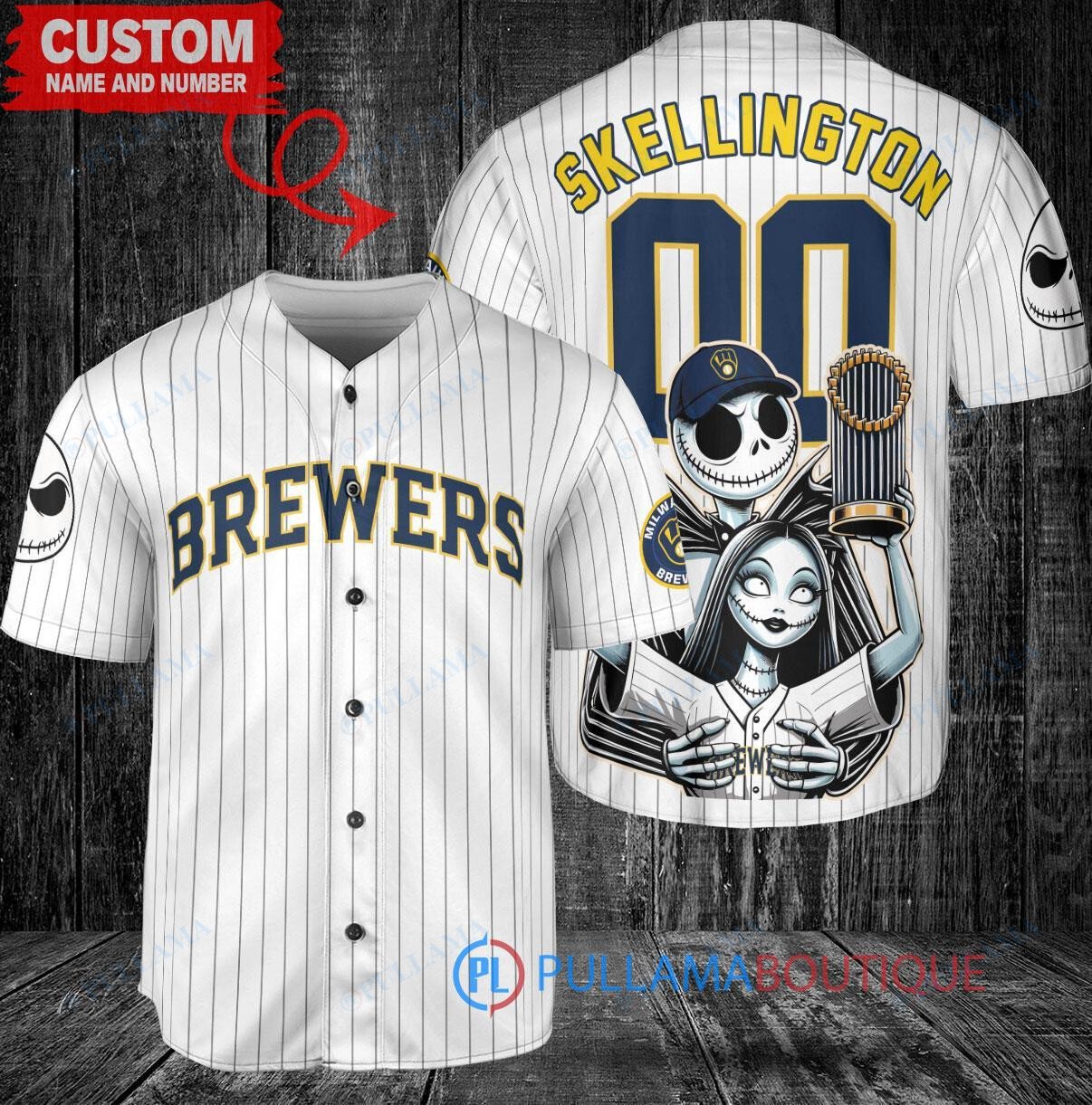 Milwaukee Brewers Jack Skellington Sally World Series Trophy Baseball Jersey White