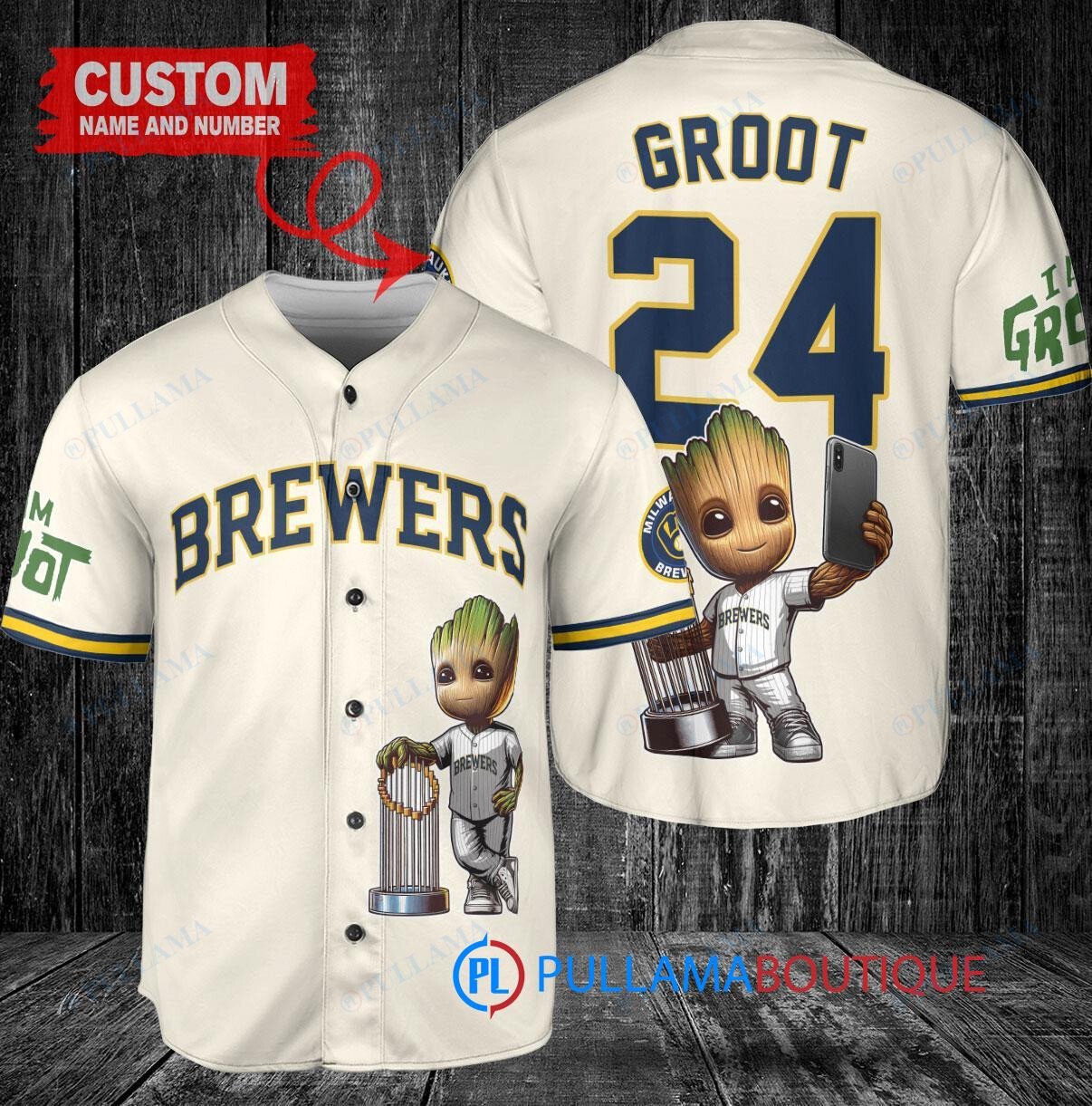 Milwaukee Brewers x Baby Groot Marvel Guardians Of The Galaxy with Trophy Custom Baseball Jersey Cream