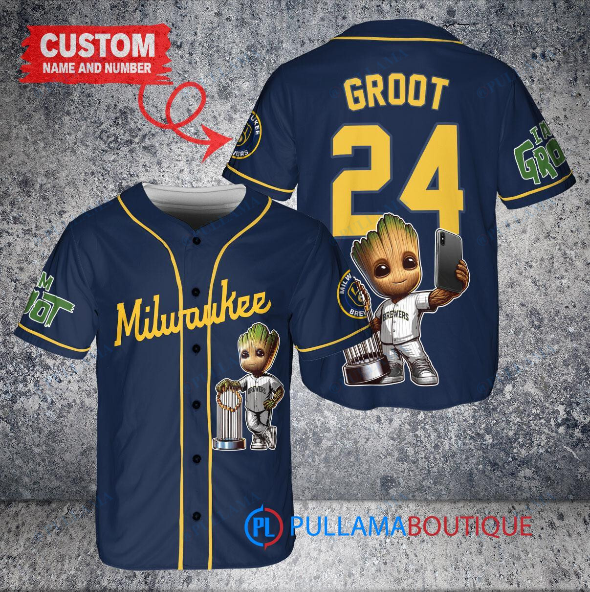 Milwaukee Brewers x Baby Groot Marvel Guardians Of The Galaxy with Trophy Custom Baseball Jersey Navy