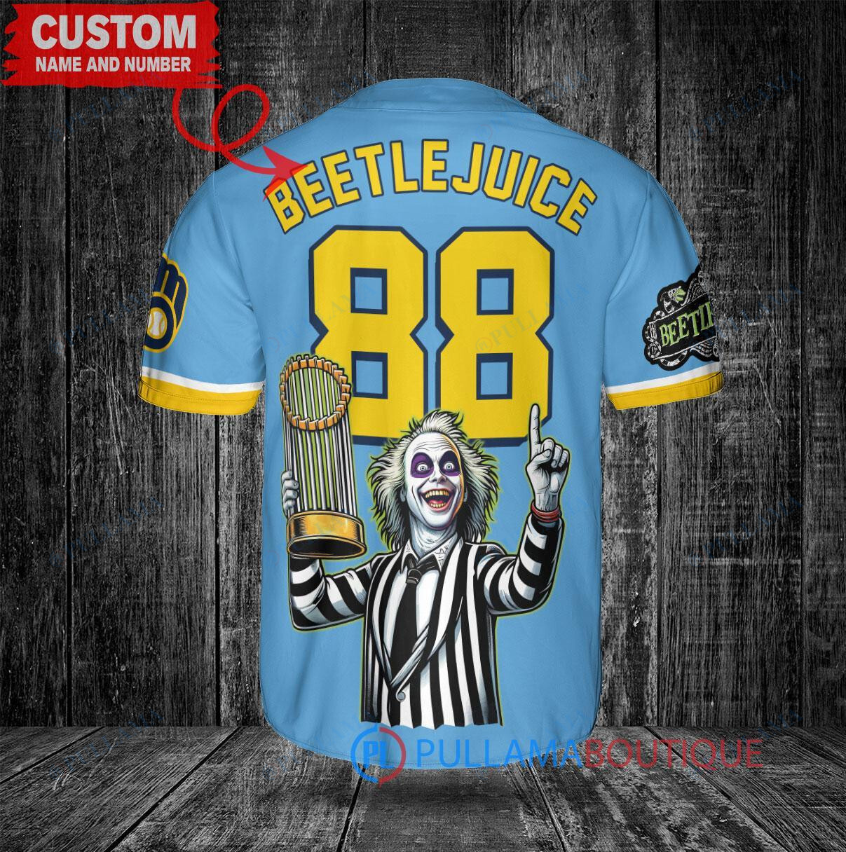 Milwaukee Brewers x Beetlejuice Halloween with World Series Trophy Custom Baseball Jersey Blue City Connect