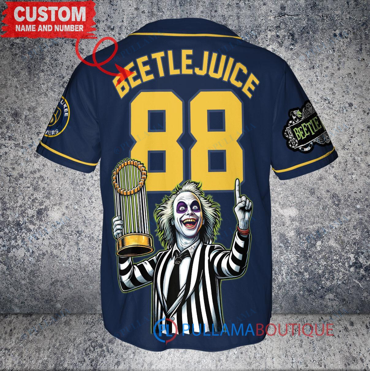 Milwaukee Brewers x Beetlejuice Halloween with World Series Trophy Custom Baseball Jersey Navy