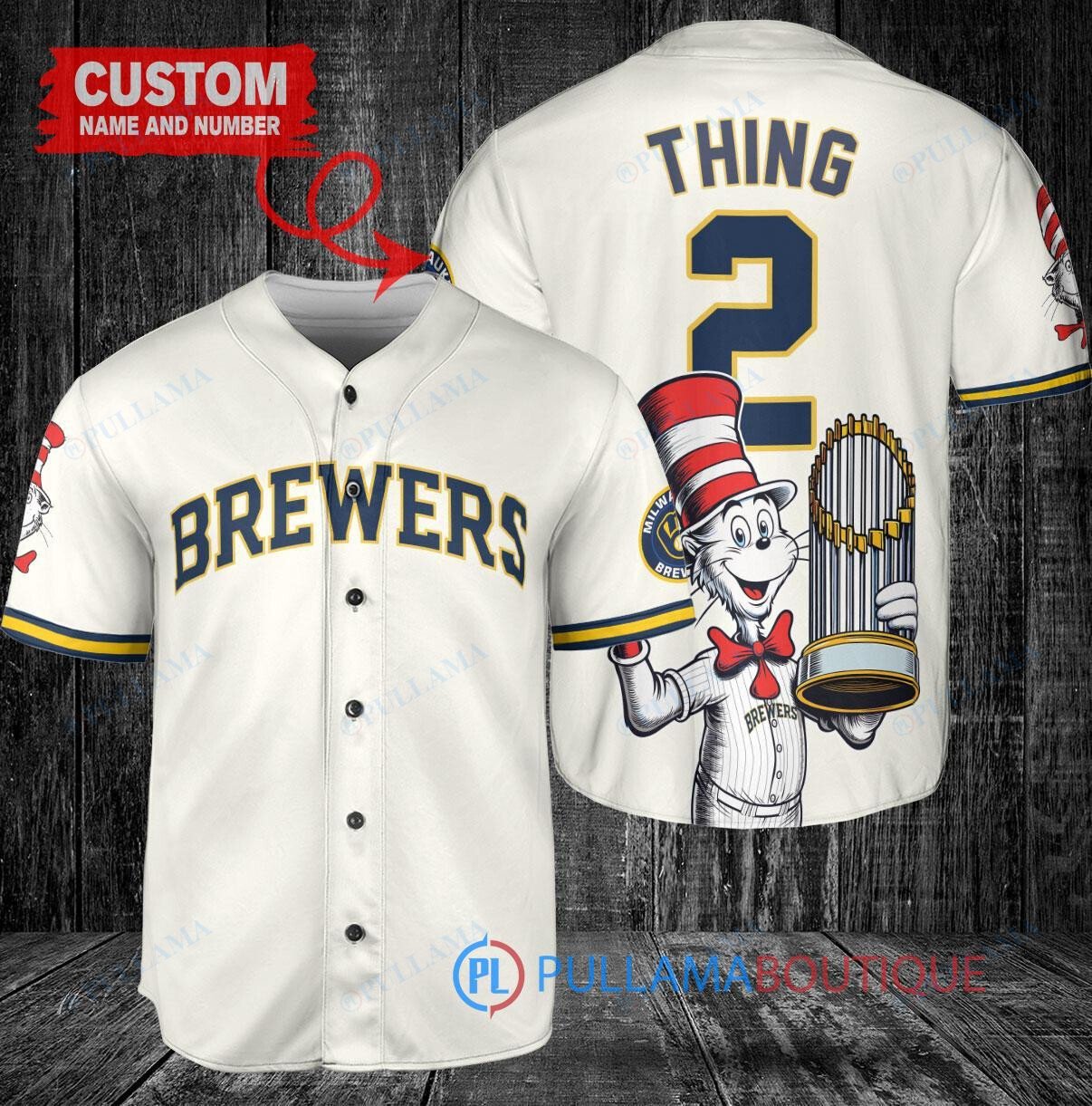 Milwaukee Brewers x Dr Seuss with World Series Trophy Custom Baseball Jersey Cream