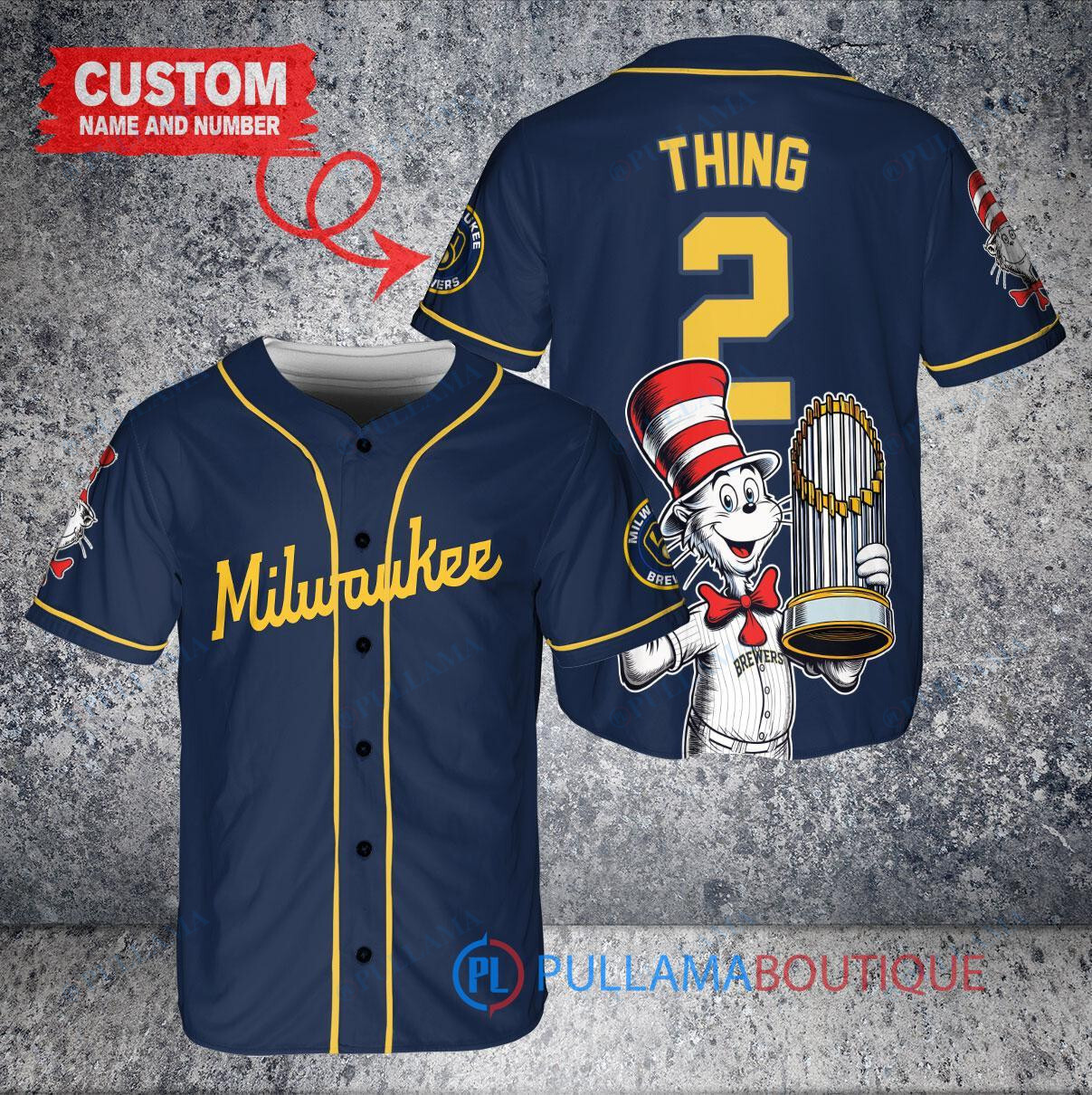 Milwaukee Brewers x Dr Seuss with World Series Trophy Custom Baseball Jersey Navy