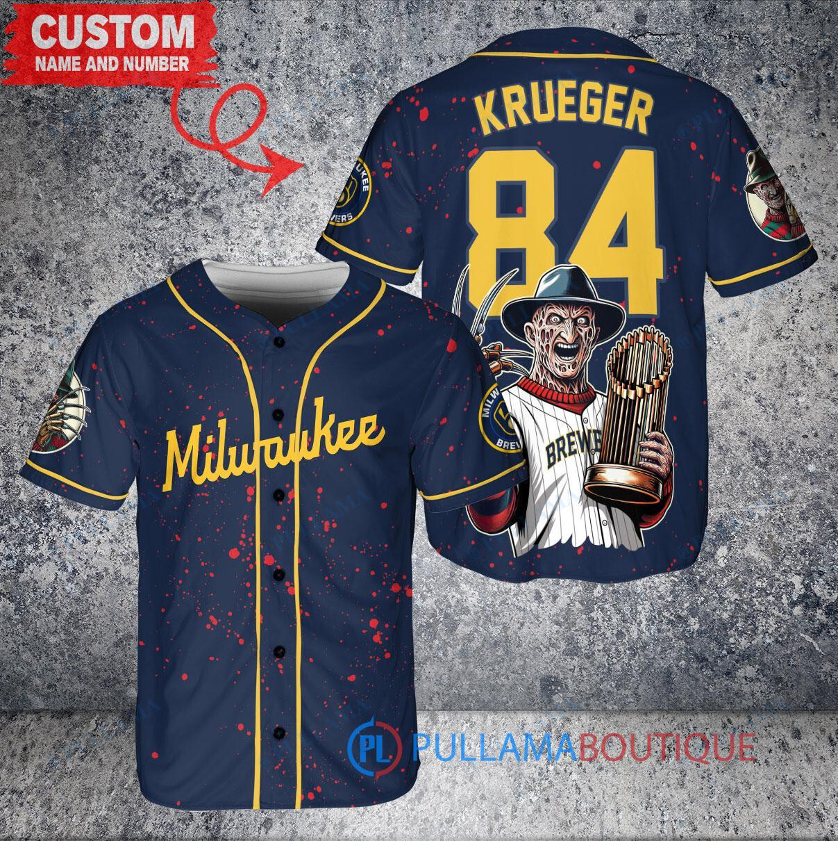 Milwaukee Brewers x Freddy Krueger A Nightmare on Elm Street Halloween with World Series Trophy Custom Baseball Jersey Navy