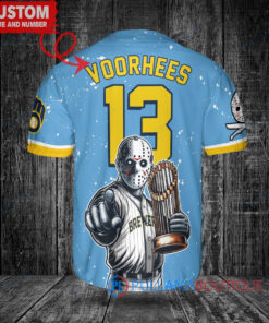 Milwaukee Brewers x Friday the 13th Jason Voorhees Halloween with World Series Trophy Custom Baseball Jersey Blue City Connect