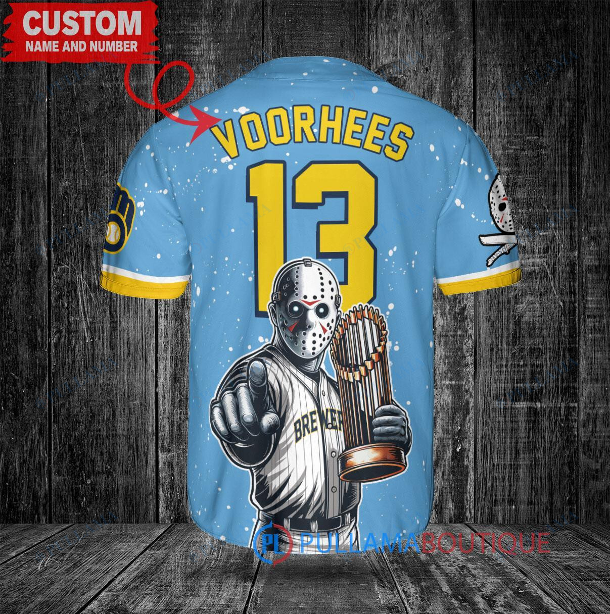 Milwaukee Brewers x Friday the 13th Jason Voorhees Halloween with World Series Trophy Custom Baseball Jersey Blue City Connect
