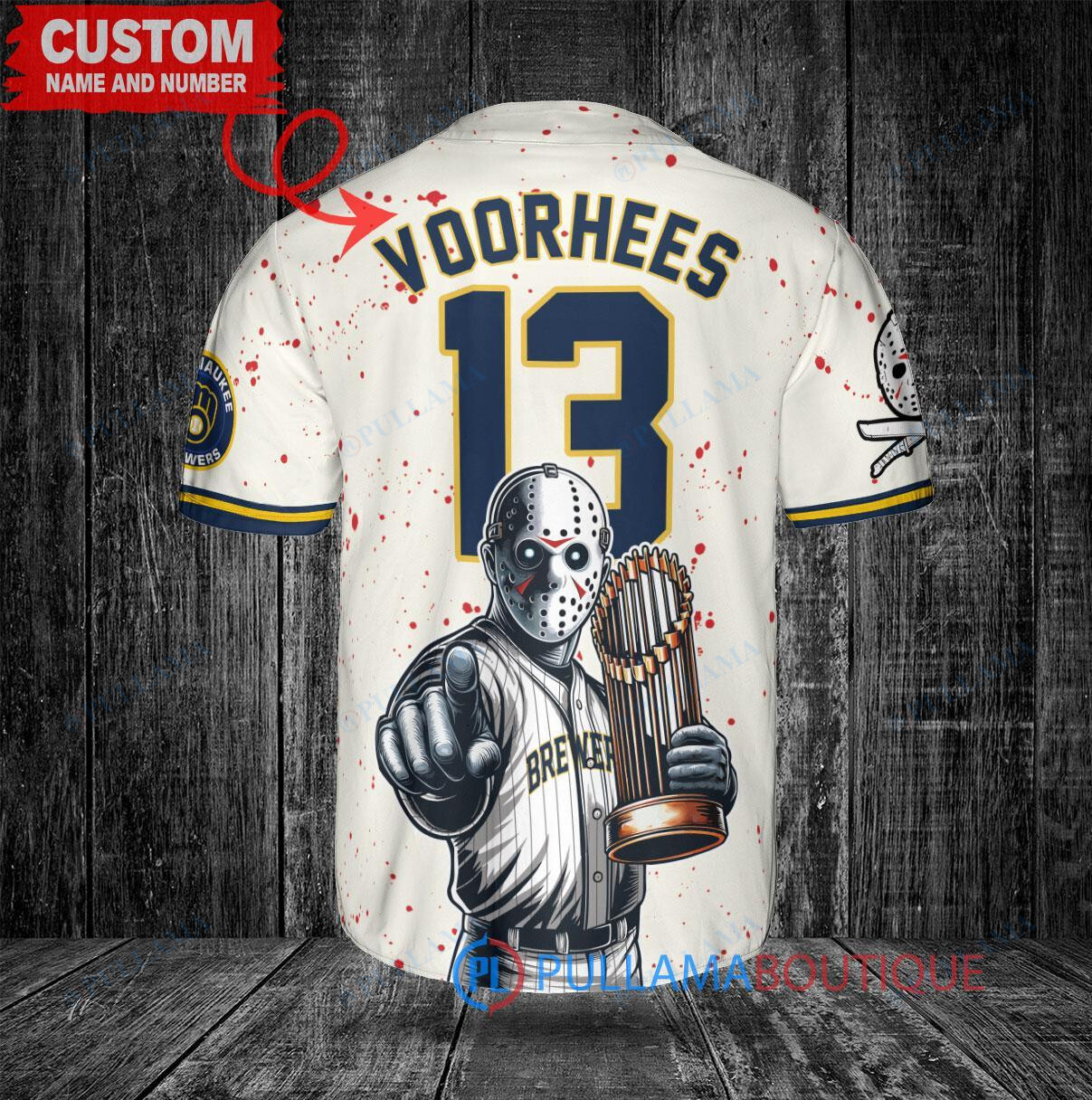 Milwaukee Brewers x Friday the 13th Jason Voorhees Halloween with World Series Trophy Custom Baseball Jersey Cream