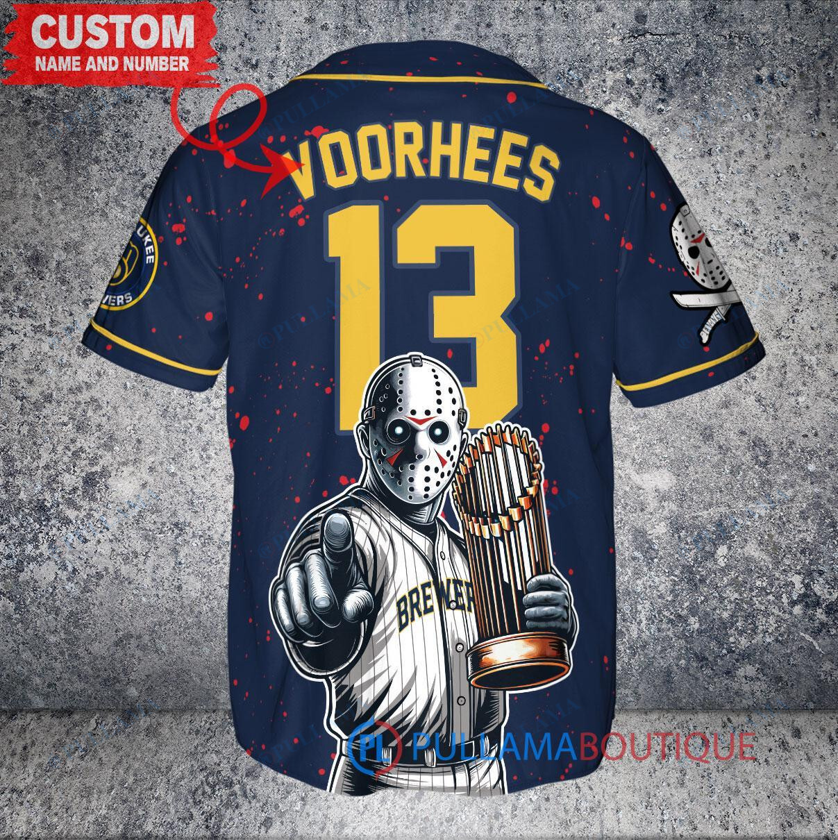 Milwaukee Brewers x Friday the 13th Jason Voorhees Halloween with World Series Trophy Custom Baseball Jersey Navy