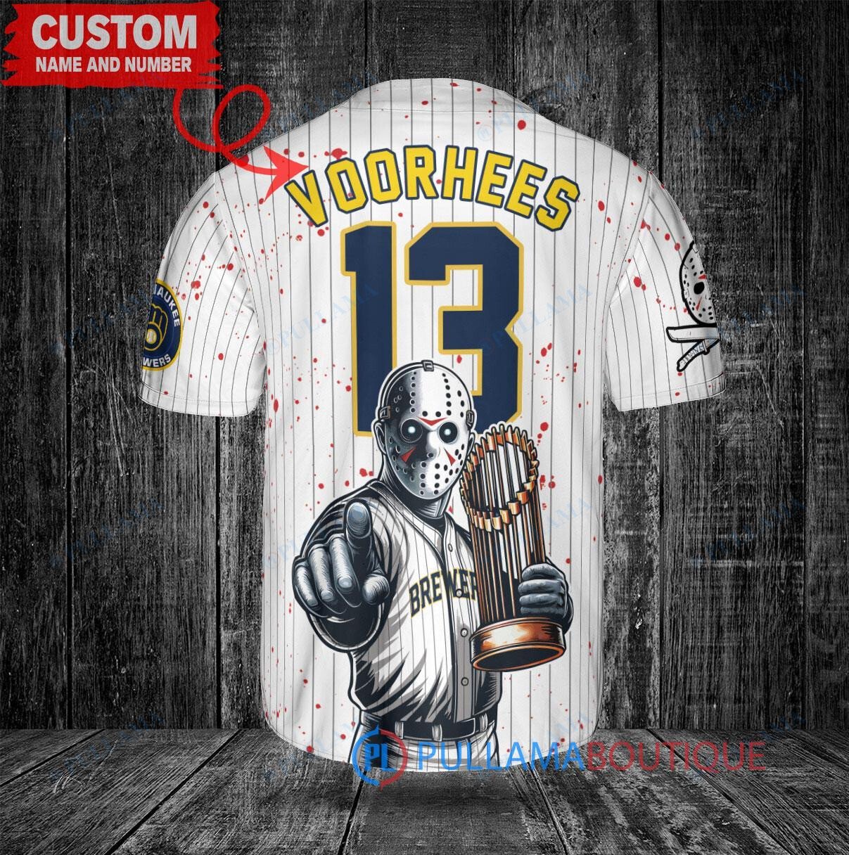 Milwaukee Brewers x Friday the 13th Jason Voorhees Halloween with World Series Trophy Custom Baseball Jersey White