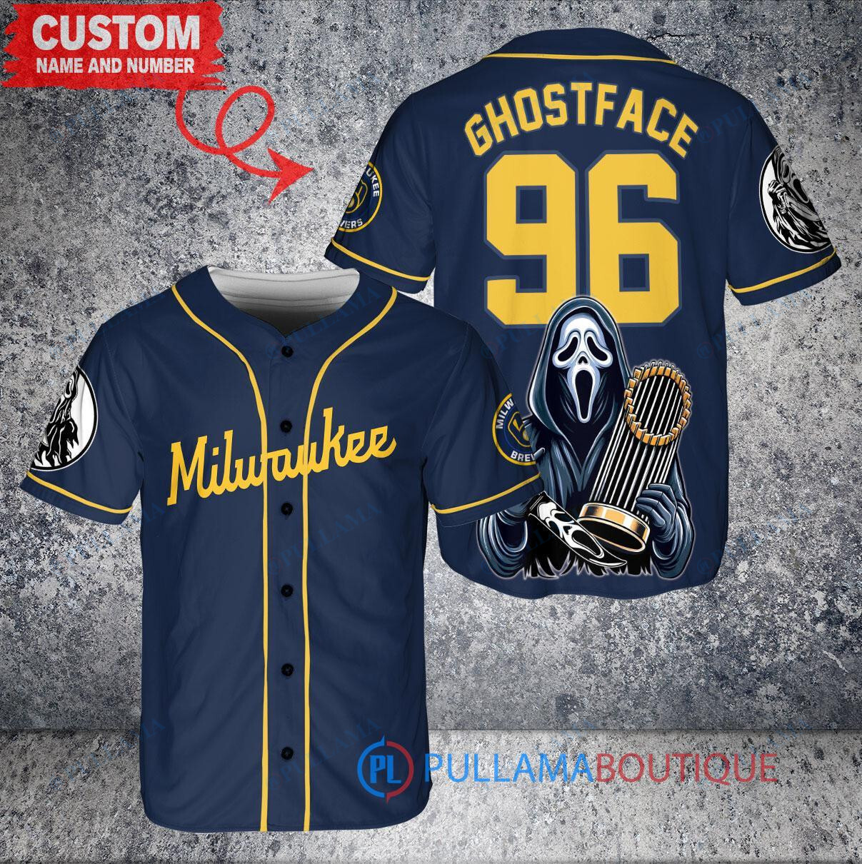 Milwaukee Brewers x Ghostface Scream Halloween Halloween with World Series Trophy Custom Baseball Jersey Navy