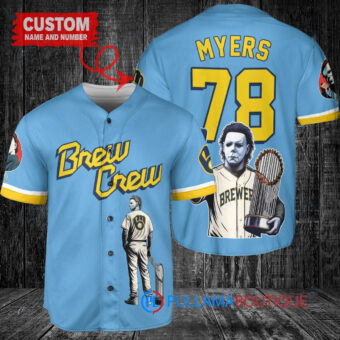Milwaukee Brewers x Halloween Michael Myers with Trophy Custom Baseball Jersey Blue City Connect