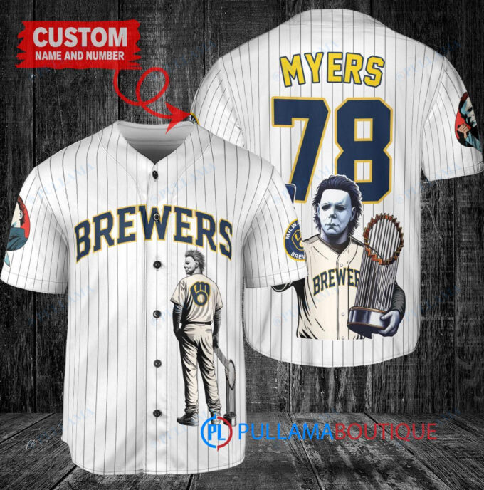 Milwaukee Brewers x Halloween Michael Myers with Trophy Custom Baseball Jersey White