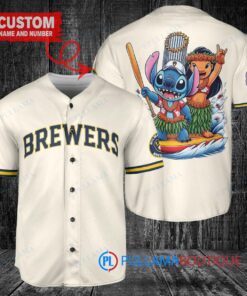 Milwaukee Brewers x Lilo & Stitch Baseball Jersey Cream - Trophy Design