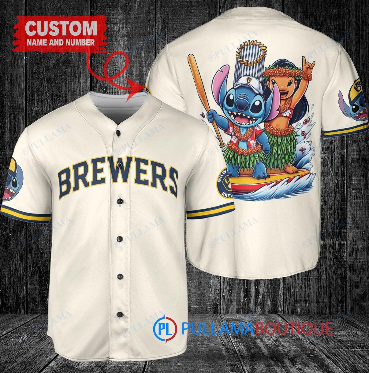 Milwaukee Brewers x Lilo & Stitch Baseball Jersey Cream - Trophy Design