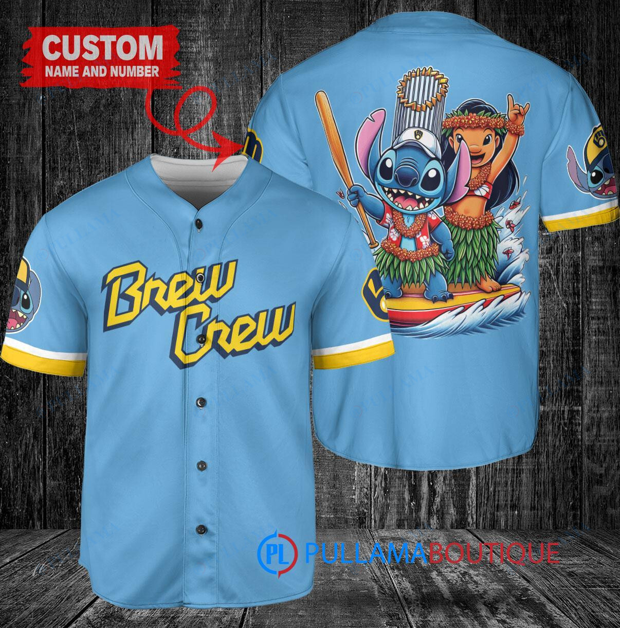 Milwaukee Brewers x Lilo & Stitch with Trophy Baseball Jersey Blue City Connect