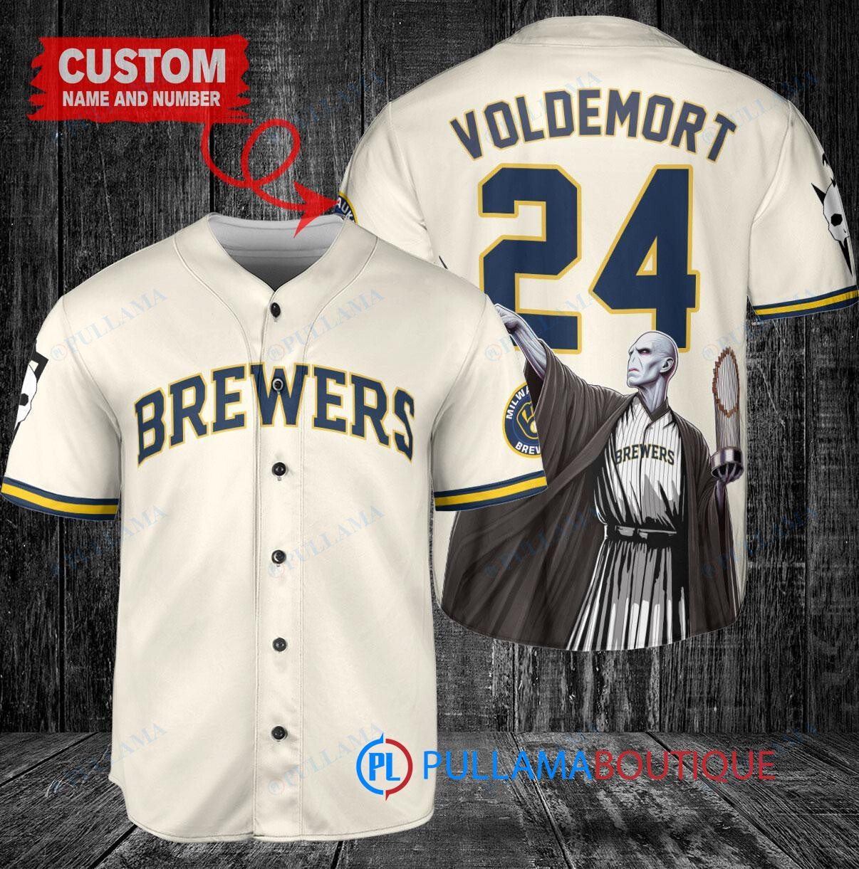 Milwaukee Brewers x Lord Voldemort Harry Potter with Trophy Custom Baseball Jersey Cream