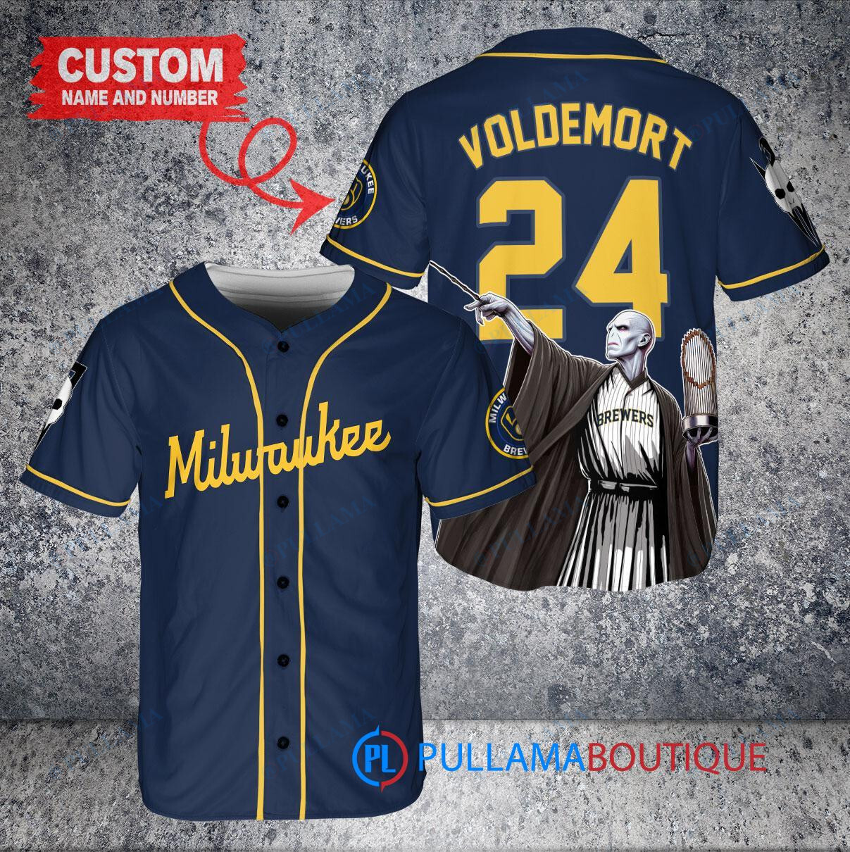 Milwaukee Brewers x Lord Voldemort Harry Potter with Trophy Custom Baseball Jersey Navy