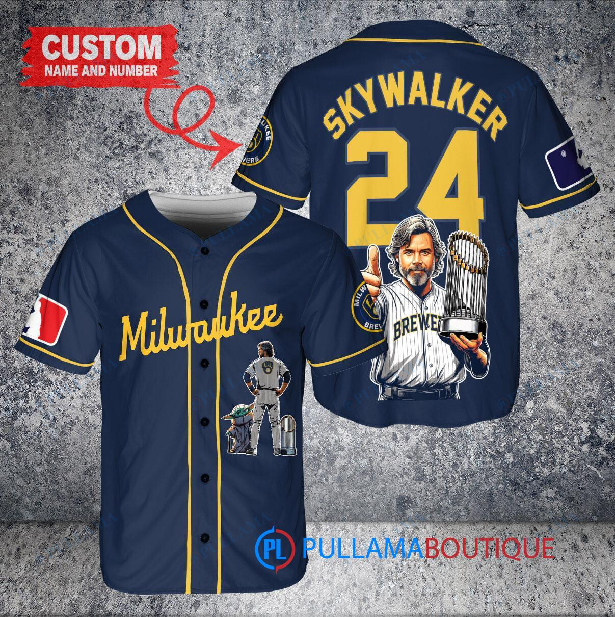 Milwaukee Brewers x Luke Skywalker Star Wars with Trophy Custom Baseball Jersey Navy