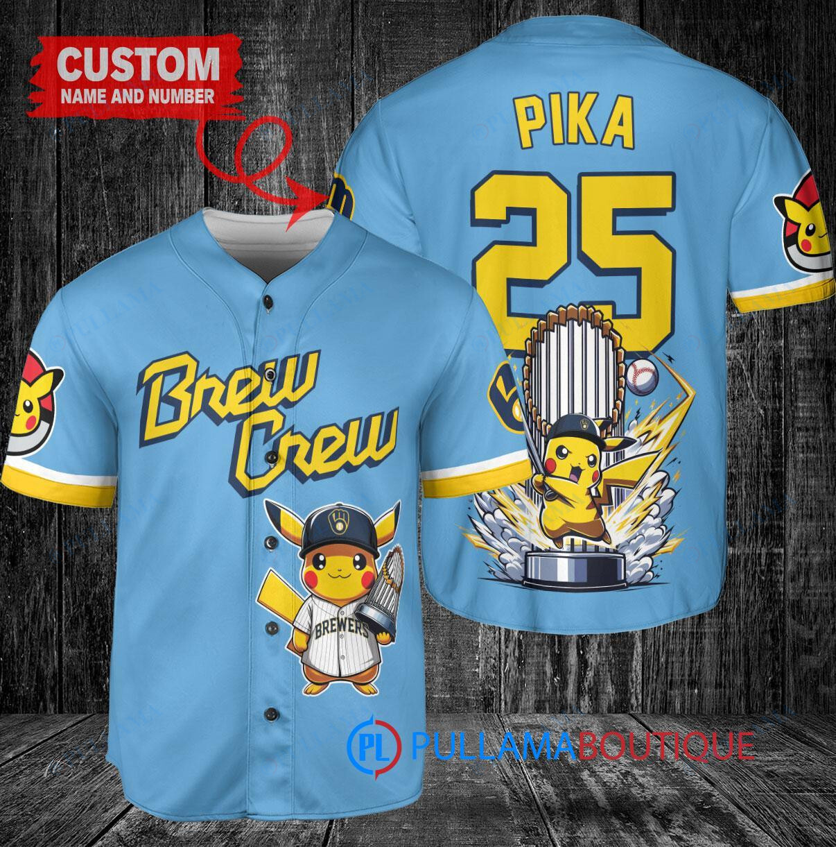 Milwaukee Brewers x Pikachu Pokemon with Trophy Custom Baseball Jersey Blue City Connect