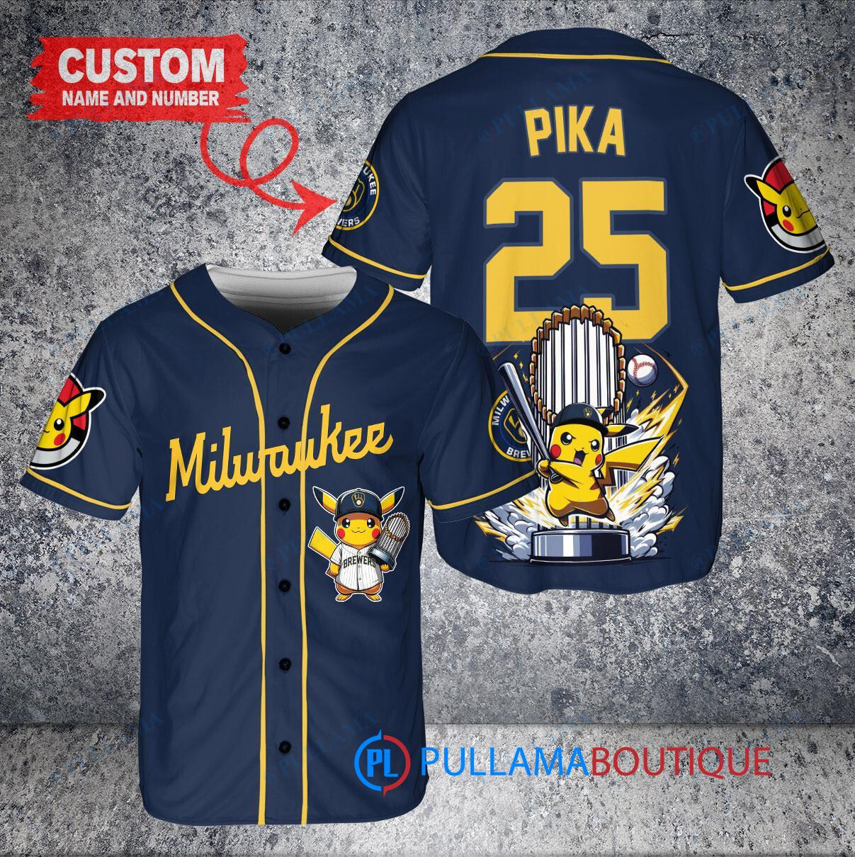 Milwaukee Brewers x Pikachu Pokemon with Trophy Custom Baseball Jersey Navy