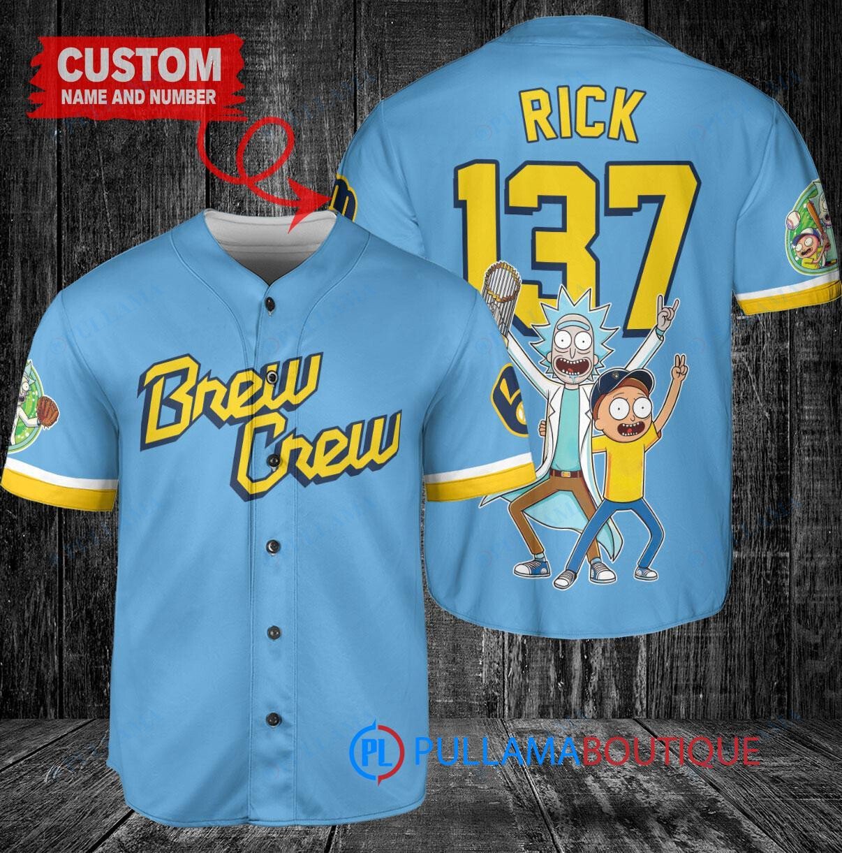Milwaukee Brewers x Rick and Morty with Trophy Custom Baseball Jersey Blue City Connect