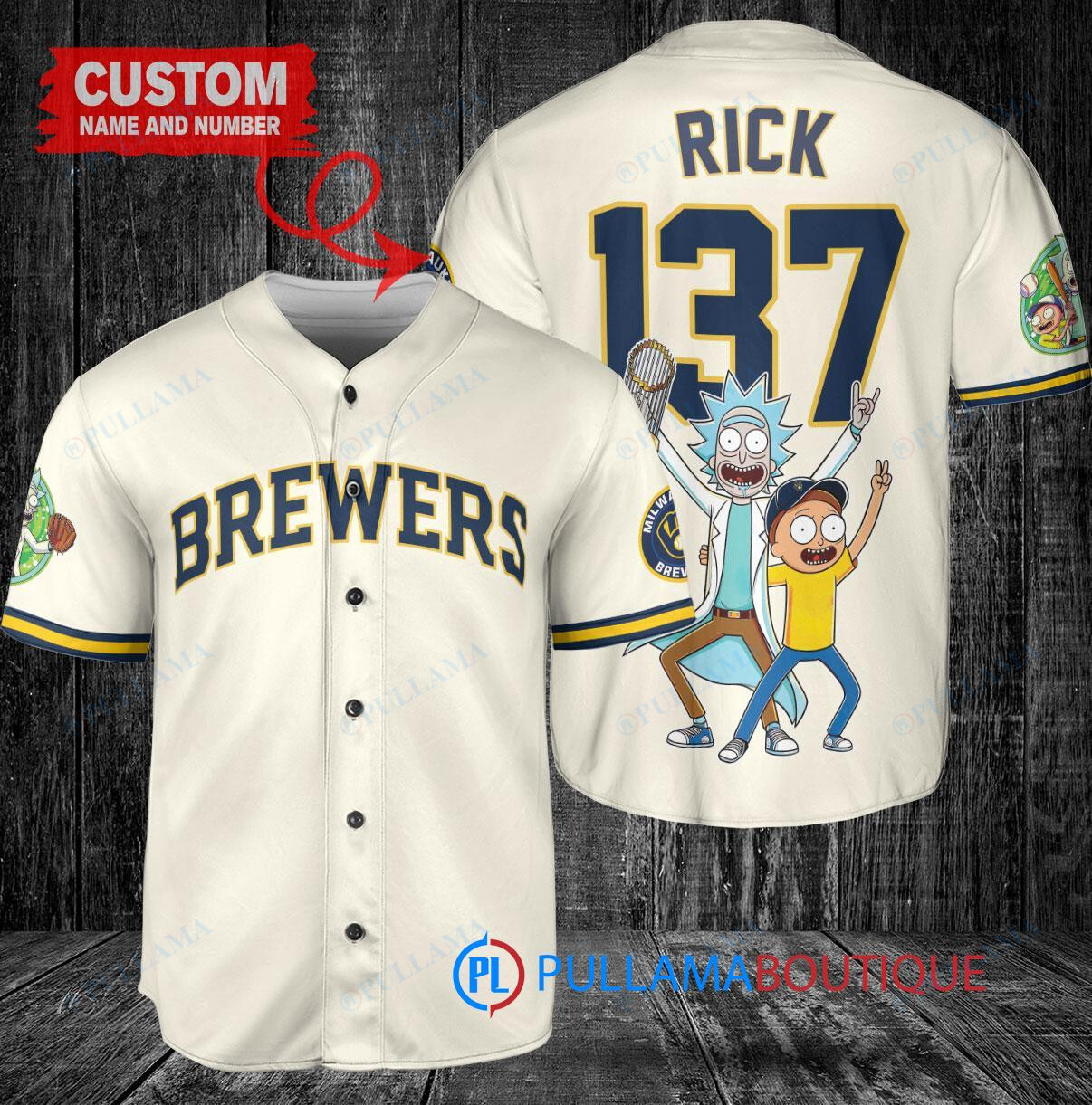 Milwaukee Brewers x Rick and Morty with Trophy Custom Baseball Jersey Cream