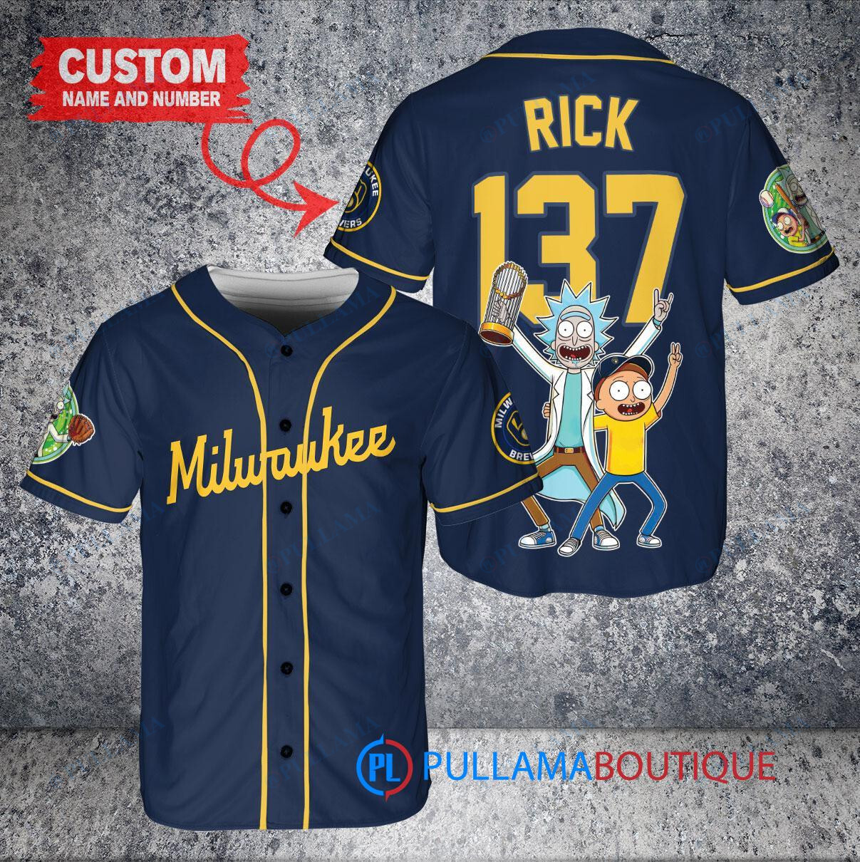 Milwaukee Brewers x Rick and Morty with Trophy Custom Baseball Jersey Navy