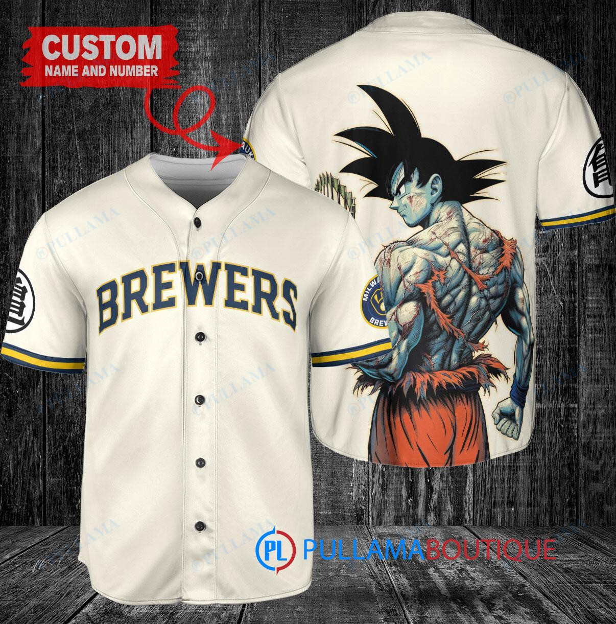 Milwaukee Brewers x Son Goku Kakarot Super Saiyan Dragon Ball Z with Trophy Baseball Jersey Cream