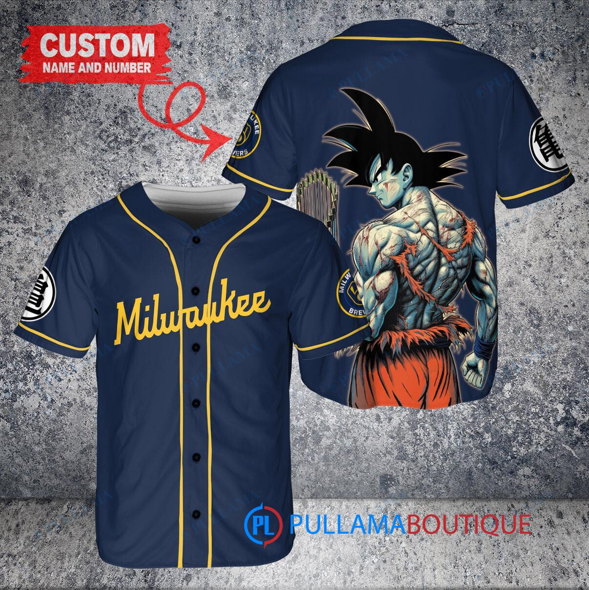 Milwaukee Brewers x Son Goku Kakarot Super Saiyan Dragon Ball Z with Trophy Baseball Jersey Navy