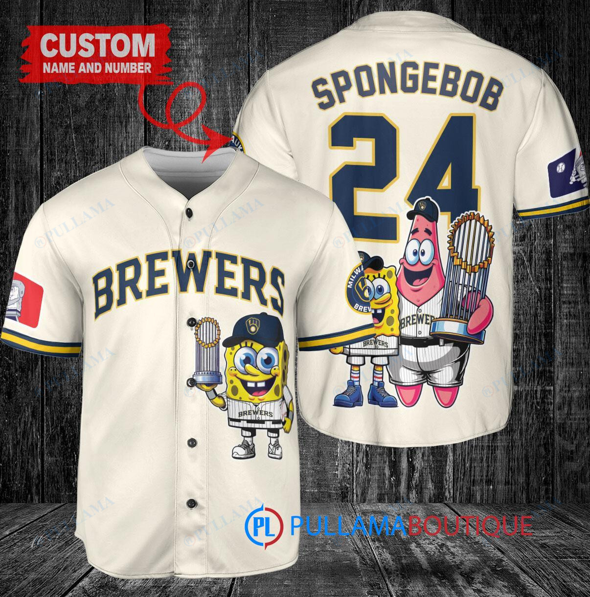 Milwaukee Brewers x SpongeBob SquarePants with Trophy Custom Baseball Jersey Cream